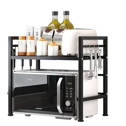 Estante de Cocina Extensible Negro con Barra Doble de una Sola Capa y 6 Ganchos