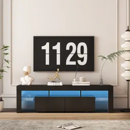 Högblank TV-bänk med LED-ljus För TV upp till, Modern TV-konsoll Med Förvaringsskåp För Vardagsrum, Svart