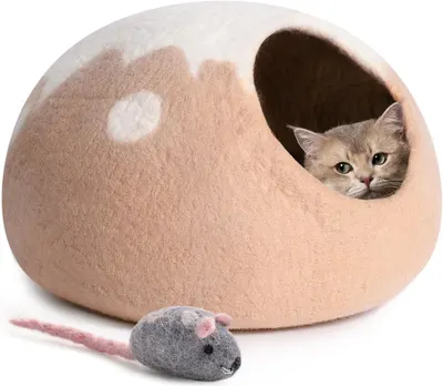 MEWOOFUN Handgjord Ull Katt Grottbädd - Naturlig Filt Gömstolshus För Inomhus Katt & Kattungar, Andas Varm Husdjurssäng Grå, Medium