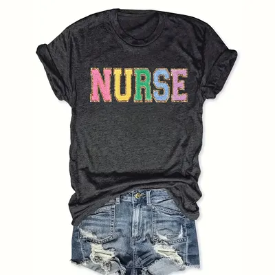 T-shirt de manga curta gola redonda feminina, top casual de verão estampado com  ENFERMEIRA