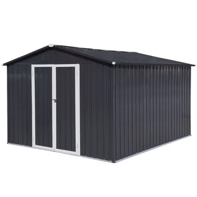 Galpão de jardim de metal 10ftx8ft, galpão de armazenamento exterior branco-café com janela