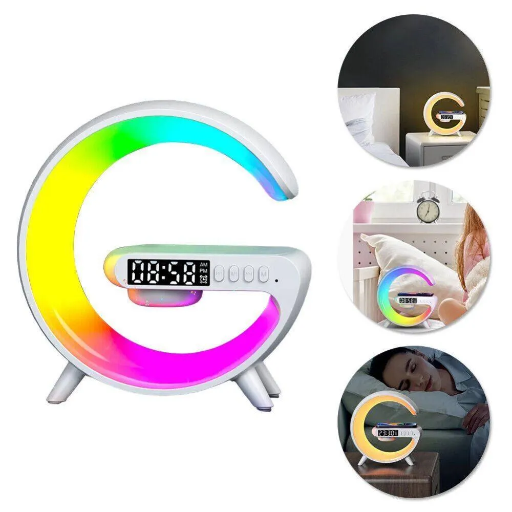 Lâmpada inteligente G, luz noturna, altifalante Bluetooth, carregador sem fios, LED RGB, relógio despertador