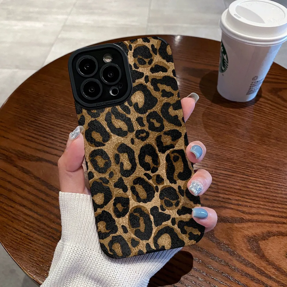 Capa de Telefone de Desenho Animado, Totalmente Envolta, Estampa de Leopardo Dourado