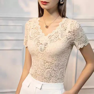 T-shirt feminina de renda com decote em V, oco, sensual, nova, outono 2024, para interior, manga curta, top estiloso