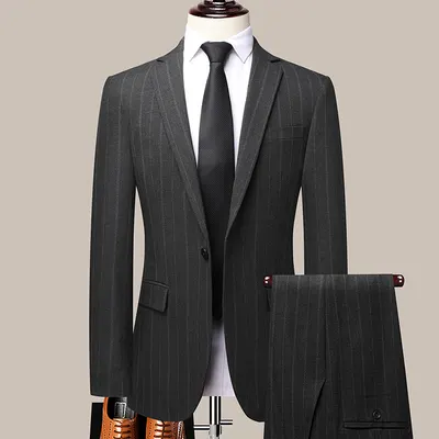 Conjunto de fato novo para homem de primavera e outono, vestuário de negócios, conjunto de duas peças fino listrado de estilo coreano, fato para casamento e dama de honor
