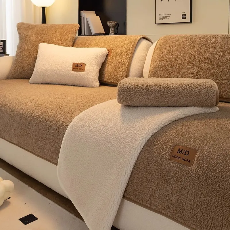 Vinter Lammsull Sofa Kudde Låg Lyxig Högkvalitativ Halksäten Sitskydd Enfärgad Sofa Överdrag Tyg Dropshipping