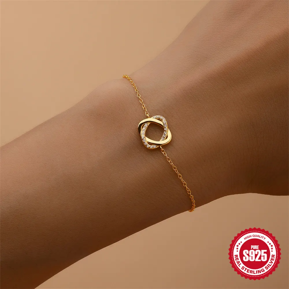 Pulseira de anel de diamante e rosa em prata esterlina S925
