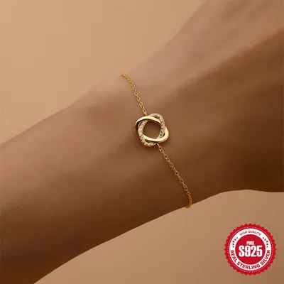 Pulseira de anel de diamante e rosa em prata esterlina S925