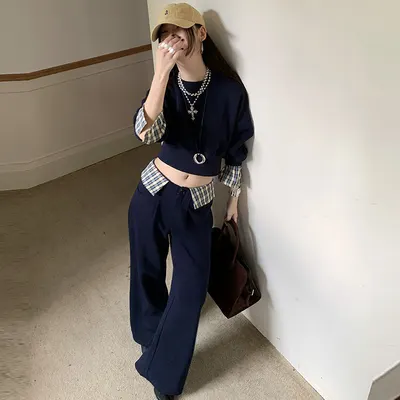Conjunto de suéter solto casual com patch de xadrez