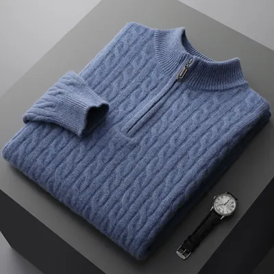 Novo suéter de lã 100% pura de outono e inverno para homens, suéter de lã grosso com gola meia-alta, suéter de lã de tricot torcido, suéter de lã base