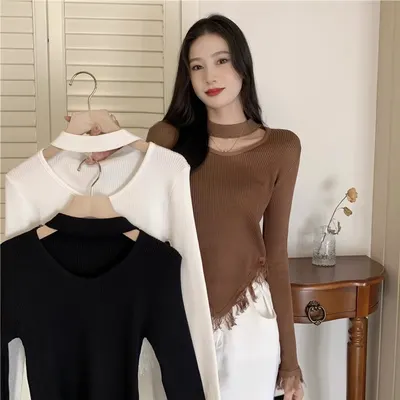 Top de base de tricô com gola de alcinha para mulheres, para interior de outono e inverno, camisola de tricô com franjas, design puro desejo e chic, top nichado irregular