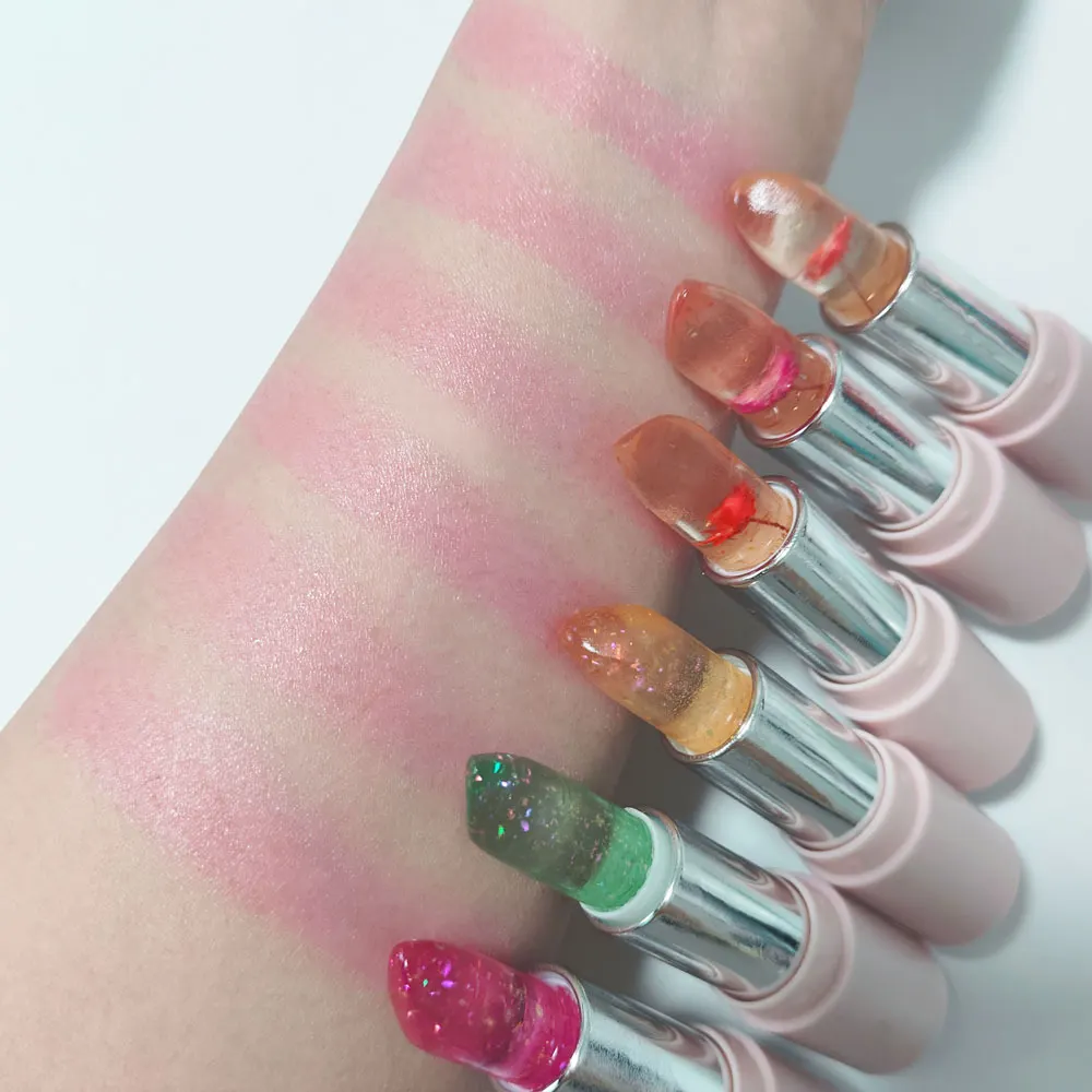 Bálsamo labial de cristal Jelly Mirsist popular transfomável por temperatura, batom com folha de ouro laser, batom com flores secas, brilho labial por grosso