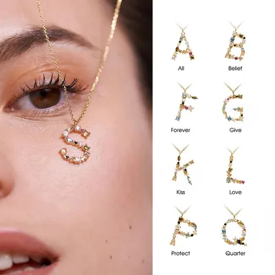 Colar com Letras Inglesas para Mulheres, Cristais Coloridos, S925 Prata Pura