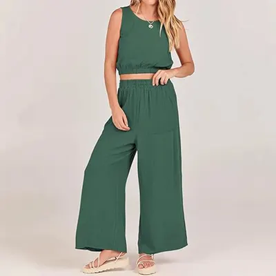 Conjunto de Duas Peças Casual com Gola Redonda, Sem Mangas, Borda Inferior Elástica, Cintura Alta e Pernas Largas