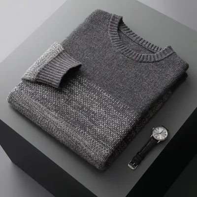 Suéter de lã australiana 100%, masculino, gola redonda, cores contrastantes, solto, reforçado