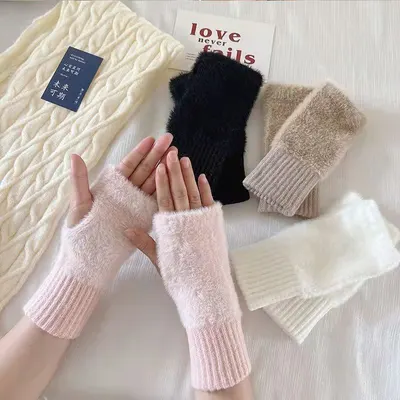 Luvas de tricô de cor sólida, meia-longo, para mulher, de lã, para escrever, dirigir, escritório, com tela sensível ao toque, quentes, anti-frio