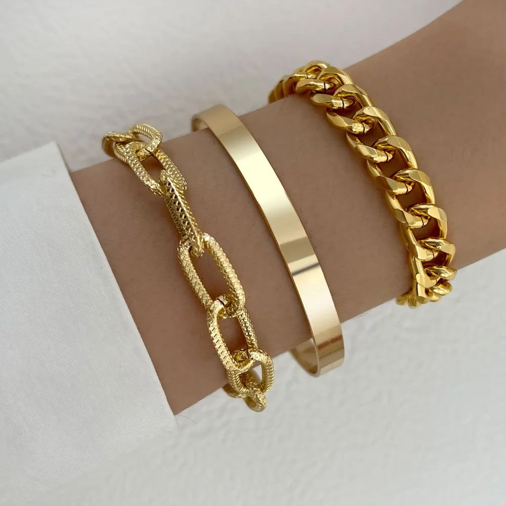 Punkstil platt ormbenkedja, flerlaged tjock kedja armband, treset