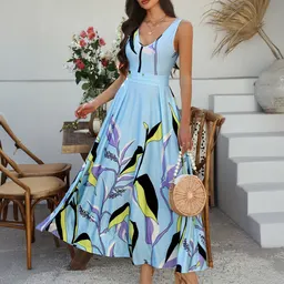 فساتين عالية الخصر sleeveless بألوان متضادة ومطبوع زهري للعطلات