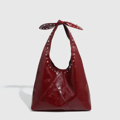 Bolsa Tote com Rebites e Laço, Bolsa de Ombro Feminina, Bolsa Balão