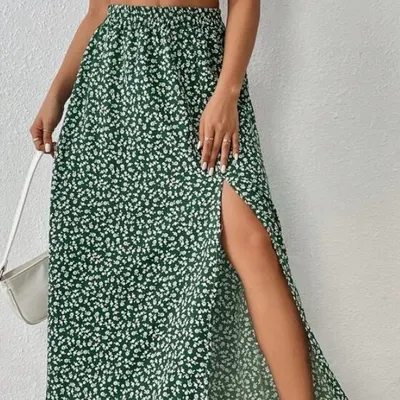 Saia estampada de cintura alta feminina com fenda floral