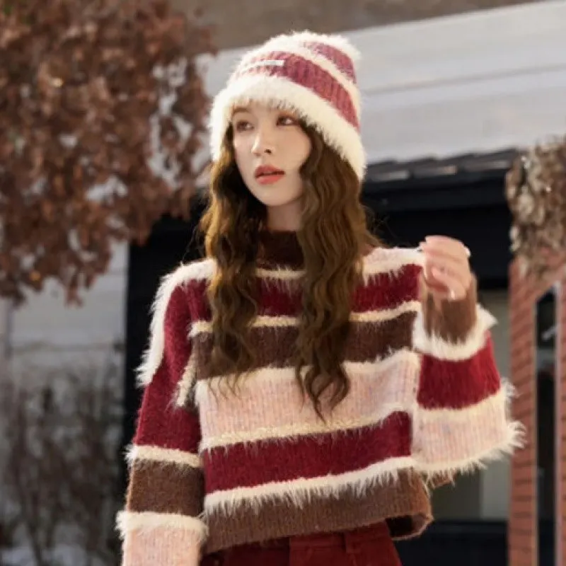 Conjunto de outono e inverno: camisola de tricô listada, solta e com costuras combinadas + saia curta nova versátil, tendência