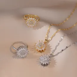 Collar con Zirconita Incrustada para Mujer, Nuevo Anillo Giratorio de Girasol Ins con Cadena de Clavícula, Juego de Tres Piezas