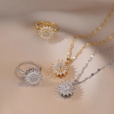 Collar con Zirconita Incrustada para Mujer, Nuevo Anillo Giratorio de Girasol Ins con Cadena de Clavícula, Juego de Tres Piezas