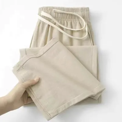 Calças de ramie casuais para homem, soltas e retas