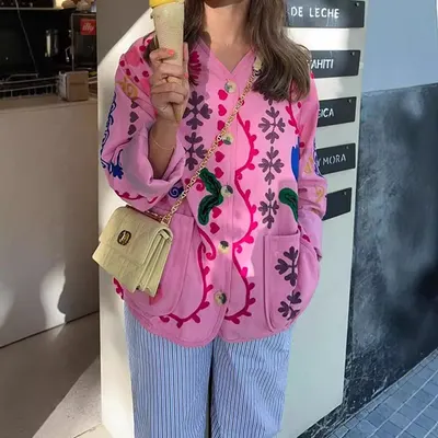 Casaco de manga comprida floral casual com gola V de botão único para mulheres
