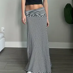 Saia comprida de cintura alta elástica, saia meia casual com listras e cores contrastantes, nova para o outono, quente na Amazon, para mulheres