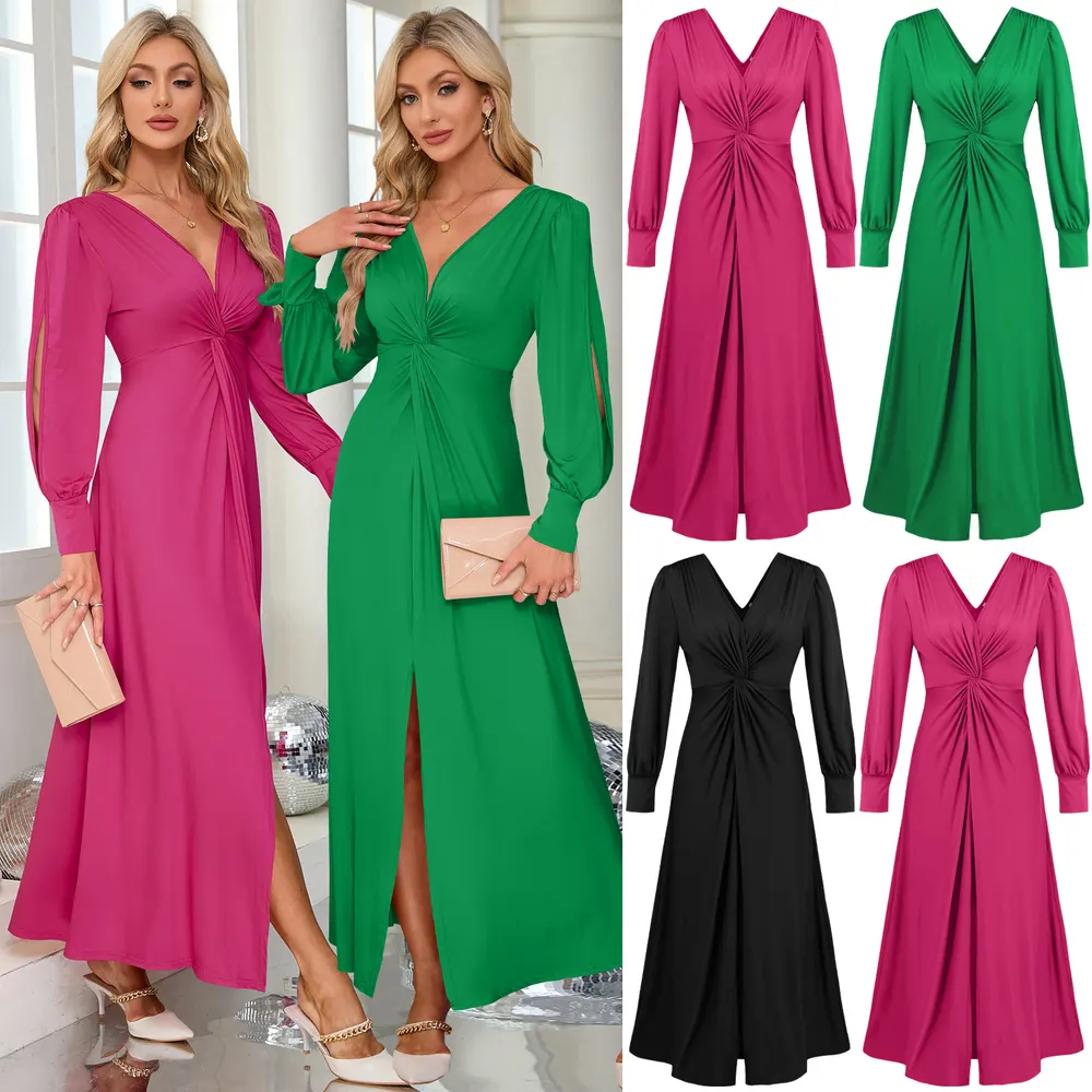 Vestido novo de 2024 para mulheres, decote V profundo sensual, design plissado, franzido na frente, fenda, vestido de noite elegante e moderno