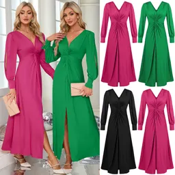 Rochie sexy nouă din 2024, cu decolteu adânc în V, design plisat, drapaj frontal, cu slit, pentru femei, rochie de seară elegantă și la modă