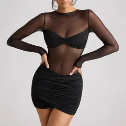 Vestido con cuello redondo, manga larga y panel de malla