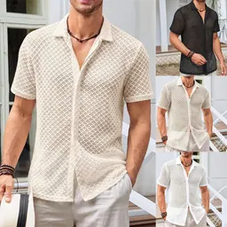 Camisa de malla de manga corta con cuello de polo de color liso para hombre