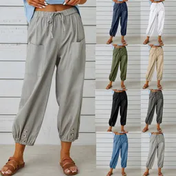 ルーズ ハイウエスト ボタン コットンリネン トラウザー クロップドパンツ ワイドレッグ レディースパンツ