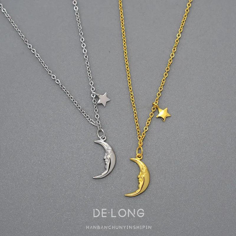 Collar de Plata de Ley S925 de Estrella y Luna Temperamento Personalidad Cadena de Clavícula de Oro de 18K Ins Coreana Joyería de Plata de Moda