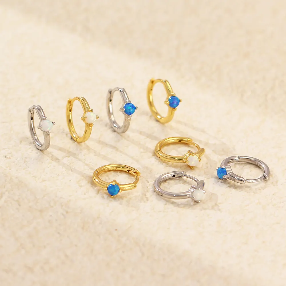 Серьги-кольца S925 из серебра с опалом в холодном стиле