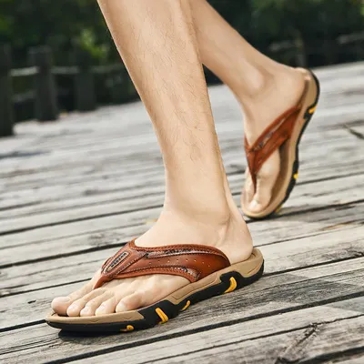 Översta läder tämmade tå flip flop sandaler herr daglig utomhus strandsandaler