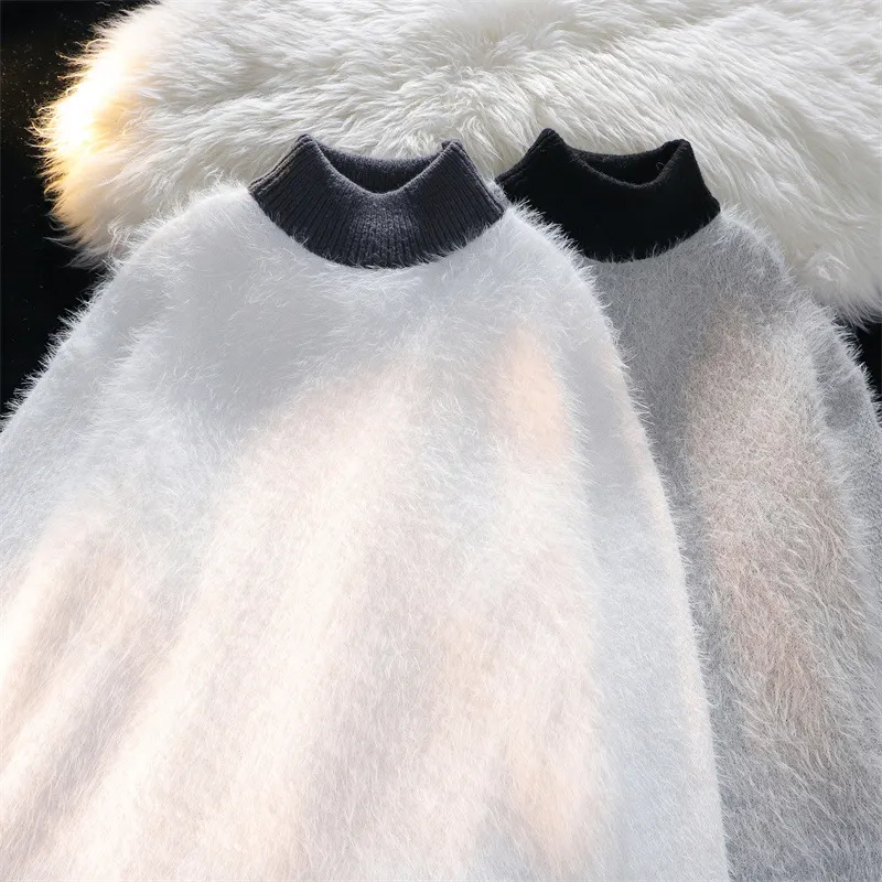 Suéter de rayas de cuello semi-alto para hombre, tejido de punto de estilo perezoso de invierno de mohair