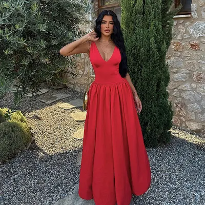 Vestido A-line, longo, com decote em V, sexy, elegante e que modela a silhueta, estilo europeu e americano, novo outono 2024, YJ24474, para mulheres