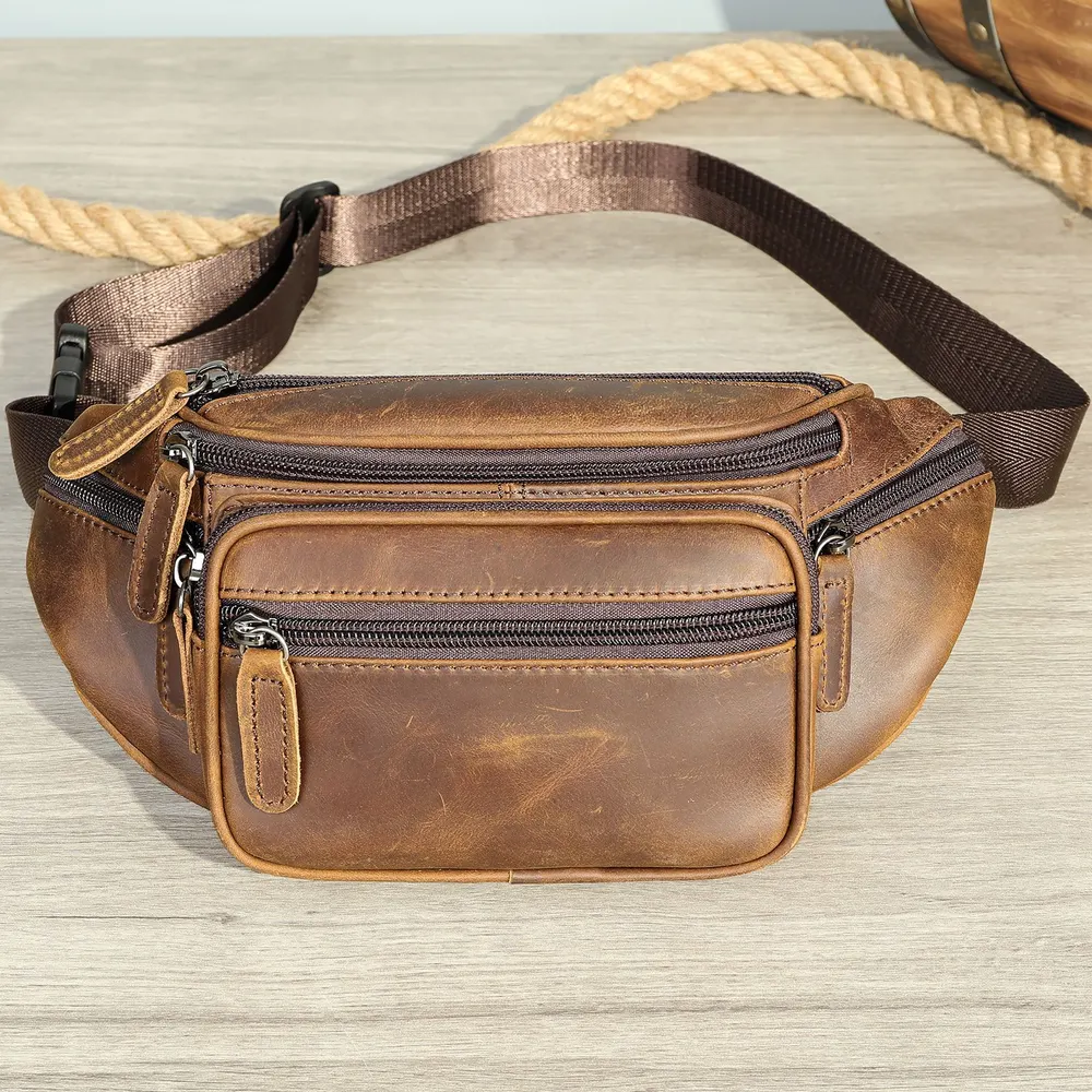 Cintura de couro genuíno casual retrô para homem, bolsa transversal multifuncional, bolsa de peito em couro crazy horse, bolsa frontal de peito para homem de couro de vaca de camada superior