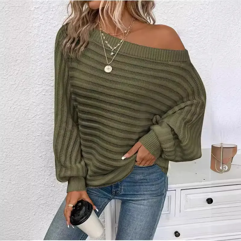 Camisola de Malha com Um Ombro Só, Listras Horizontais, Costas Ribbed, Cor Sólida, Manga Longa