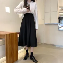 Saia meia de lã preta para mulher, outono e inverno, saia midi A-line de cintura alta