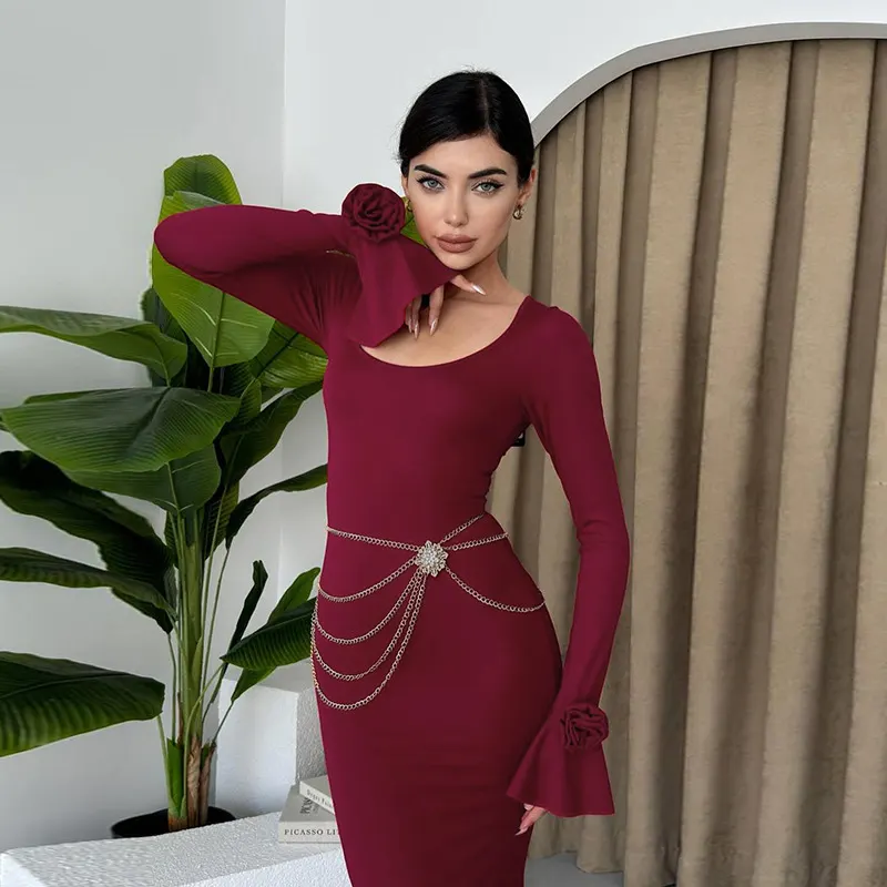 Vestido de manga comprida com decote redondo e estampa de rosas, para mulheres