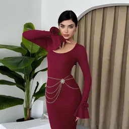 Vestido de manga comprida com decote redondo e estampa de rosas, para mulheres