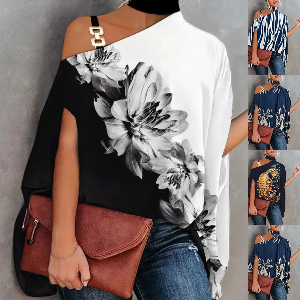 Camisa de manga curta elegante com estampa, alças e xaile, estilo morcego