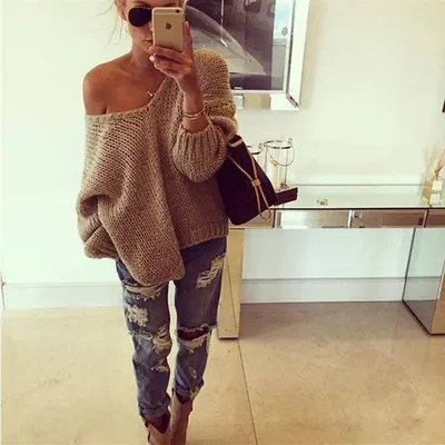 AliExpress Populär kvinnors fashionabel europeisk och amerikansk lös enfärgad V-hals pullover stickad tröja enfärgad långärmad ulltröja för kvinnor 208