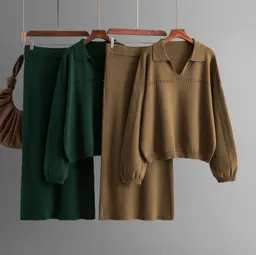 Conjunto de falda larga suelta de punto de manga larga de color liso con cuello POLO hueco simple de otoño e invierno de comercio exterior transfronterizo europeo y americano de Amazon