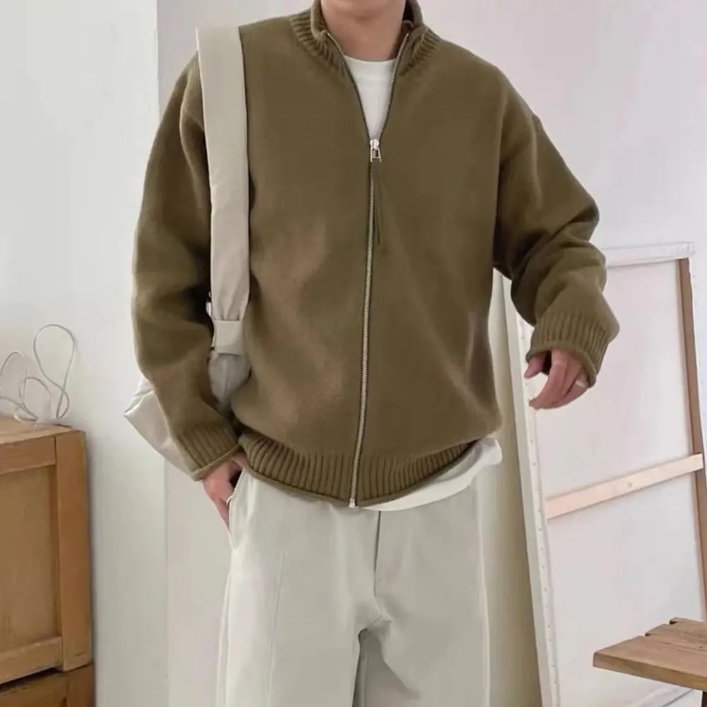 Herrens vår- och höst stickad cardigan jacka med stående krage