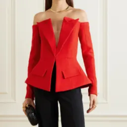 Conjunto de blazer com lapelas e ombros descobertos, manga comprida, top solto + saia curta justa casual